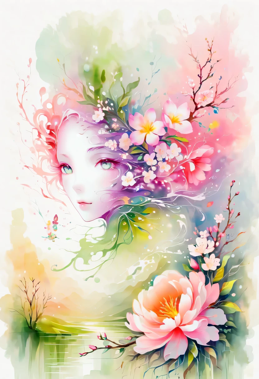 This watercolor flower painting presents an elegant and fresh visual effect。Wild flowers and peach blossoms intertwined in the fields，Forming the perfect combination of nature and romance。The screen is dominated by a white background，Highlight isolated watercolor flower。Splash technology recreates wet conditions，The atmosphere seems vague and dreamy。Unique composition and abstract expression add to the artistic feel of the picture，Contains elements of surrealism。The overall color tone is mainly light tones，Pale pink and green complement each other，Show high-resolution details。The splash-ink effect adds a touch of agility to the picture，The light color gives the flowers a deep and restrained beauty.。