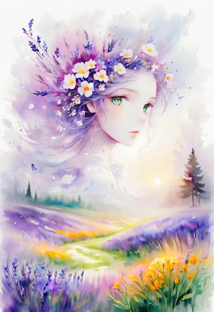 This watercolor flower painting presents an elegant and fresh visual effect。Wildflower and lavender fields，Forming the perfect combination of nature and romance。The screen is dominated by a white background，Highlight isolated watercolor flower。Splash technology recreates wet conditions，The atmosphere seems vague and dreamy。Unique composition and abstract expression add to the artistic feel of the picture，Contains elements of surrealism。The overall color tone is mainly light tones，Lilac and green complement each other beautifully，Show high-resolution details。The splash-ink effect adds a touch of agility to the picture，The light color gives the flowers a deep and restrained beauty.。