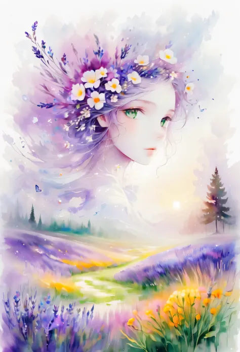 This watercolor flower painting presents an elegant and fresh visual effect。Wildflower and lavender fields，Forming the perfect c...