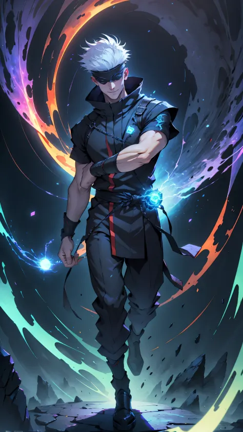 1boy, full body shot, perfect fingers, satoru gojo, blindfold, black outfit, white hair, use skill pose (( red energy void in ri...