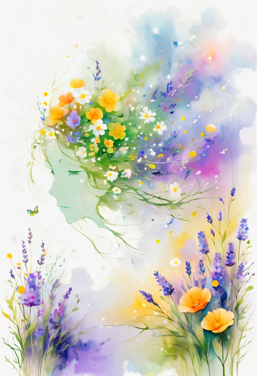 Esta pintura de flores em aquarela apresenta um efeito visual elegante e fresco。Campos de flores silvestres e lavanda，Formando a combinação perfeita de natureza e romance。A tela é dominada por um fundo branco，Destaque flor aquarela isolada。A tecnologia Splash recria condições molhadas，A atmosfera parece vaga e sonhadora。Composição única e expressão abstrata contribuem para a sensação artística da imagem，Contém elementos do surrealismo。O tom geral da cor é principalmente tons claros，Lilás e verde se complementam lindamente，Mostrar detalhes em alta resolução。O efeito splash-ink adiciona um toque de agilidade à imagem，A cor clara confere às flores uma beleza profunda e contida.。