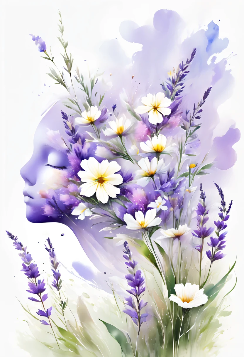 This watercolor flower painting presents an elegant and fresh visual effect。Wildflower and lavender fields，Forming the perfect combination of nature and romance。The screen is dominated by a white background，Highlight isolated watercolor flower。Splash technology recreates wet conditions，The atmosphere seems vague and dreamy。Unique composition and abstract expression add to the artistic feel of the picture，Contains elements of surrealism。The overall color tone is mainly light tones，Lilac and green complement each other beautifully，Show high-resolution details。The splash-ink effect adds a touch of agility to the picture，The light color gives the flowers a deep and restrained beauty.。