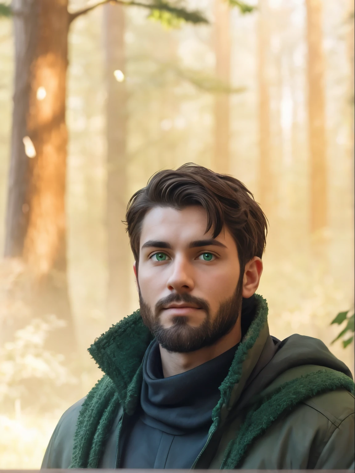 Стройный молодой человек с темными волосами, короткая борода и зеленые глаза.  За ним лес.