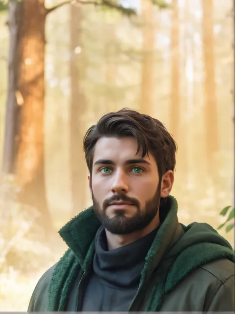 Slim young man with dark hair, a short beard and green eyes.  Behind him there is a forest.