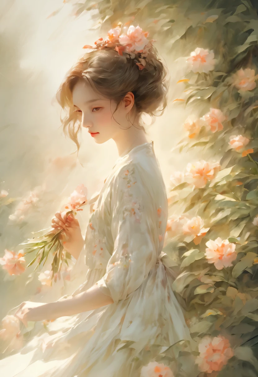 masterpiece，Basic Quality，realistically，Official Art，Very detailed，masterpiece，best quality，（Very detailed的CG统一8K壁纸），（best quality），（Best Illustration），（best shadow），Very detailed pictures，（8K，best quality），A girl painted a watercolor flower painting on the wall， Come to your senses, Art, watercolour painting style,4K
