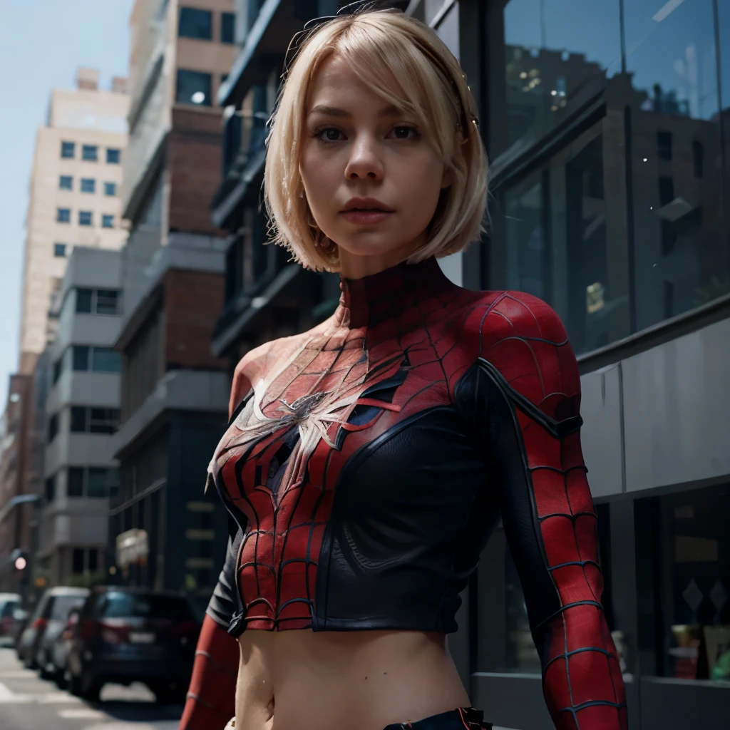 A close up of a woman in a spider - man costume on a city street - SeaArt AI