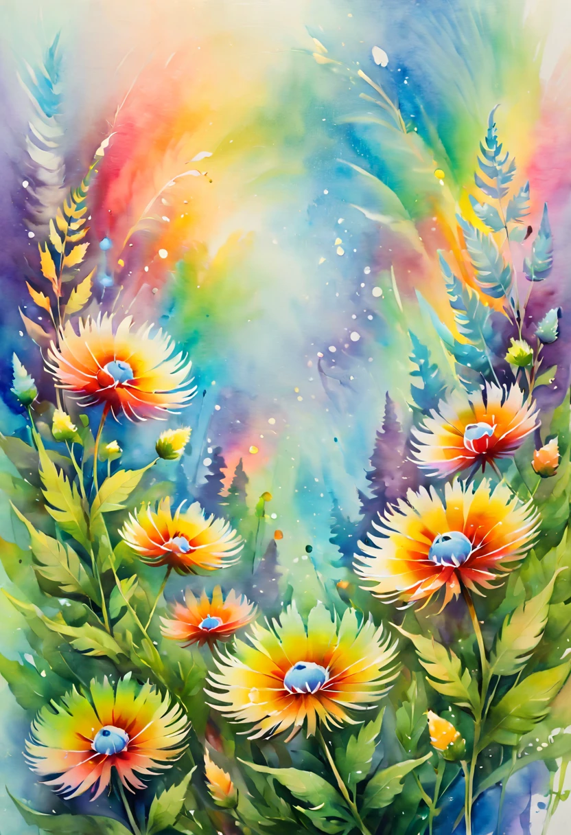 watercolor painting, Featherweed flowers of rainbow color, (inspired by Zootopia:0.6), dreamy feeling, Dynamic angles and elegant atmosphere, intricate, (best quality, masterpiece, Representative work, official art, Professional, 8k:1.3)