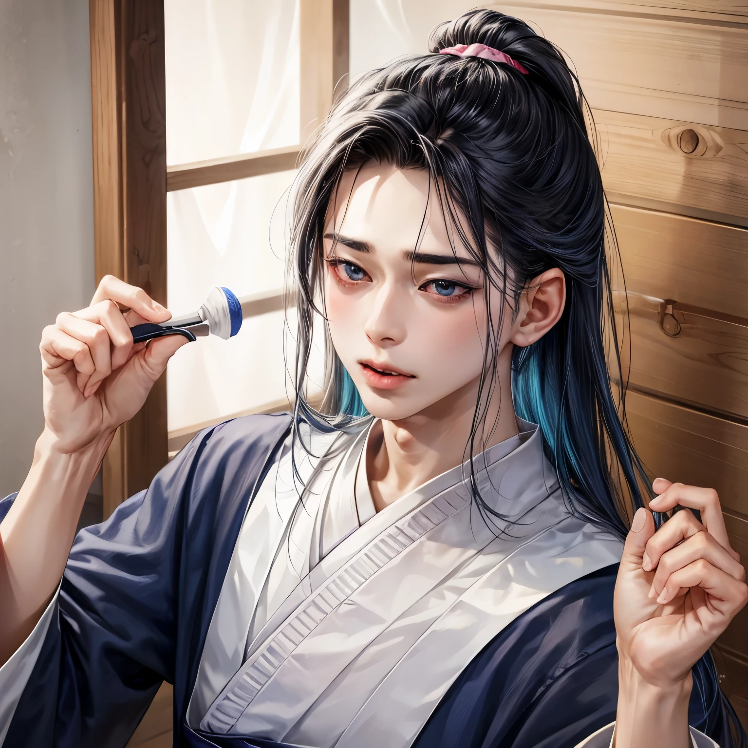 A boy around 17 years old during the Edo period。。loose women&#39;s clothing。The hairstyle is a navy blue bobbed hairstyle..。strong, droopy eyes。Men&#39;s body is slender。Apply light pink blush、wears modest lipstick。please open your mouth wide、he stuck out his tongue、looks up at me with a sad expression.。cheeks are red。open your mouth。Ahegao。