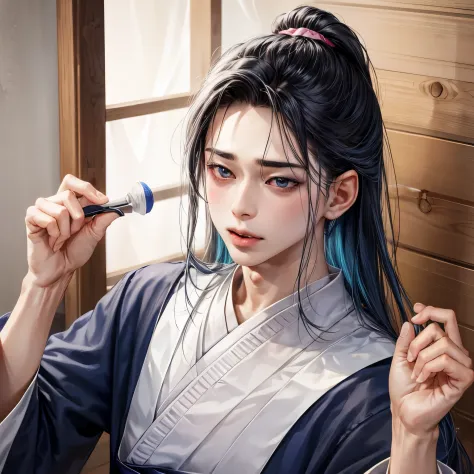 A boy around 17 years old during the Edo period。。loose women&#39;s clothing。The hairstyle is a navy blue bobbed hairstyle..。stro...