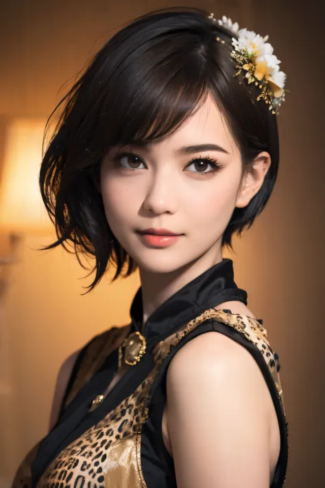 145
(20 year old woman,Animal print costume), (surreal), (High resolution), ((beautiful hairstyle 46)), ((short hair:1.46)), (gentle smile), (breasted:1.1), (lipstick)
