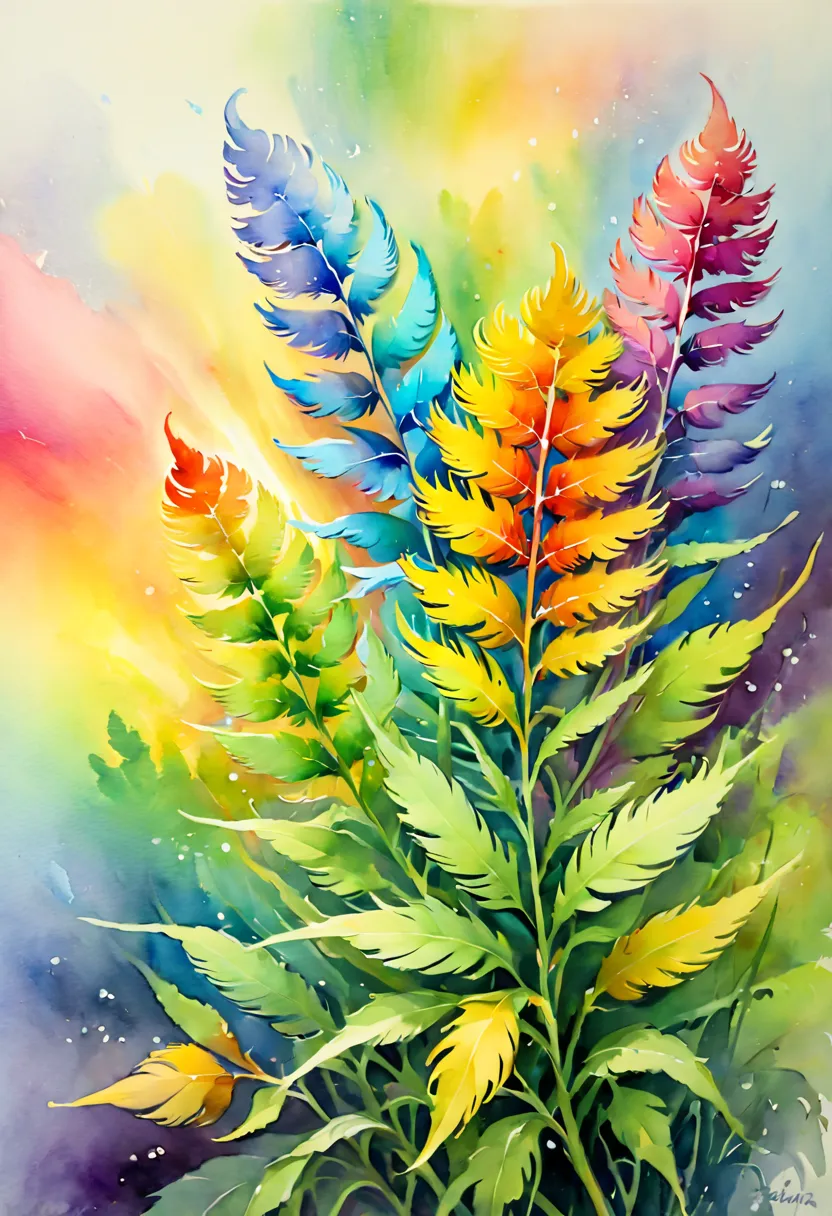 watercolor painting, featherweed flowers of rainbow color, (inspired by ivan plush), dreamy feeling, dynamic angles and elegant ...