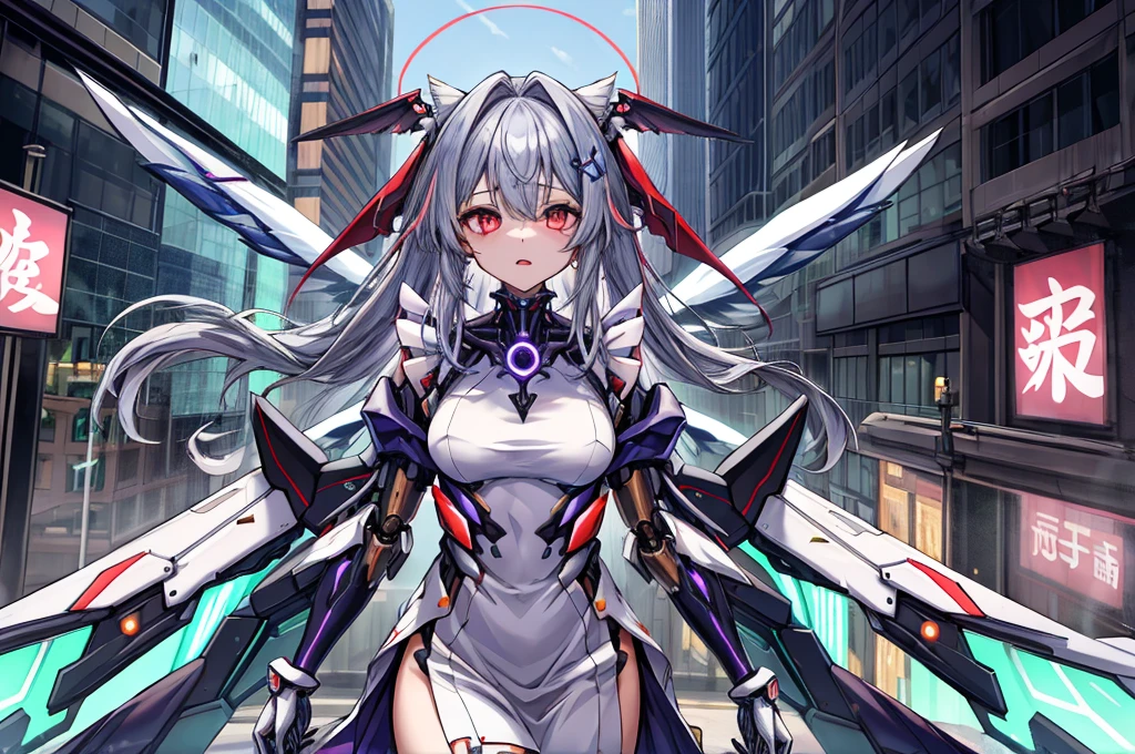 highest quality、very detailed、masterpiece、super detailed、enlightenment、((1 girl))、silver hair、hair length、floating hair、、cyber city、Neon building、(Upper body:1.05)、very_be familiar with_eye_and_face,cybernetic wings mechanical wings、random posture、Skyscraper、、Mechumusume、shrine maiden costume,Maid clothes、random angle、anime style,cowboy shot