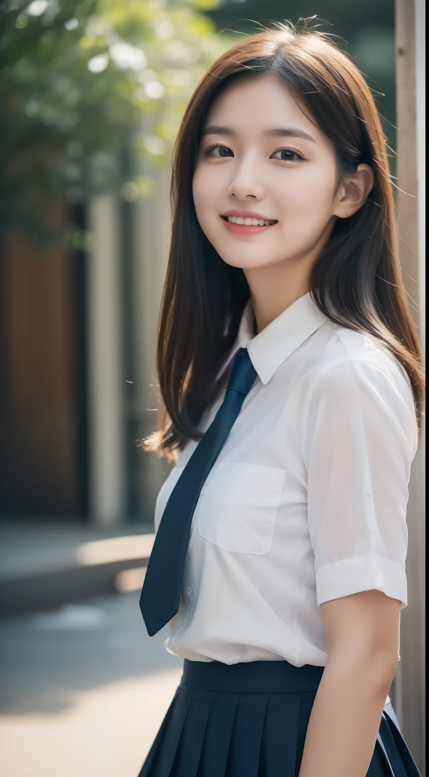 A close up of a woman wearing a white shirt and a blue tie - SeaArt AI