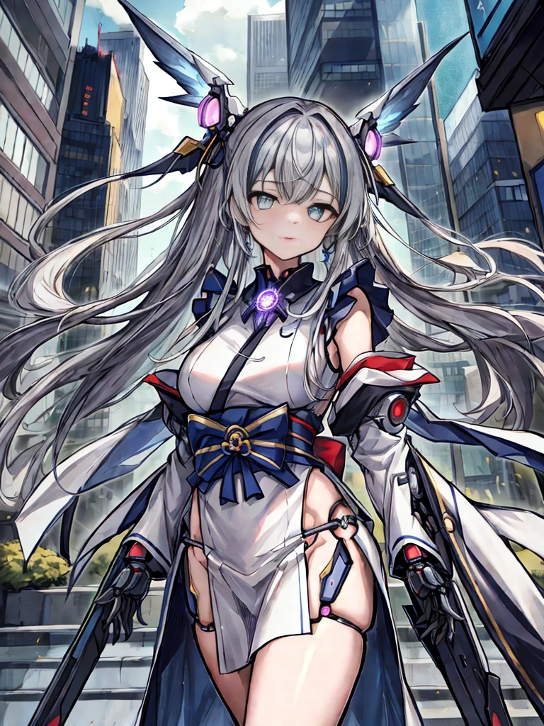 highest quality、very詳細な、masterpiece、super detailed、enlightenment、((1 girl))、silver hair、hair length、floating hair、、cyber city、Neon building、(Upper body:1.05)、very_be familiar with_eye_and_face,cybernetic wings mechanical wings、random posture、Skyscraper、、Mechumusume、shrine maiden costume,Maid clothes、random angle、anime style,cowboy shot