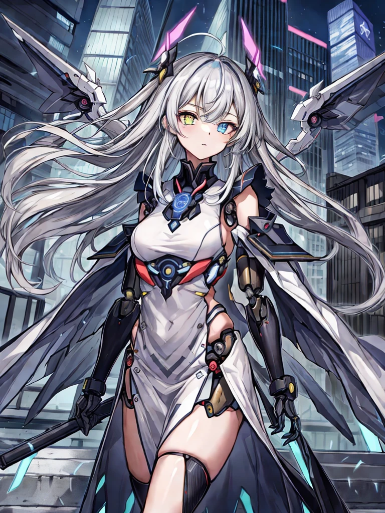 highest quality、very詳細な、masterpiece、super detailed、enlightenment、((1 girl))、silver hair、hair length、floating hair、、cyber city、Neon building、(Upper body:1.05)、very_be familiar with_eye_and_face,cybernetic wings mechanical wings、random posture、Skyscraper、、Mechumusume、shrine maiden costume,Maid clothes、random angle、anime style,cowboy shot