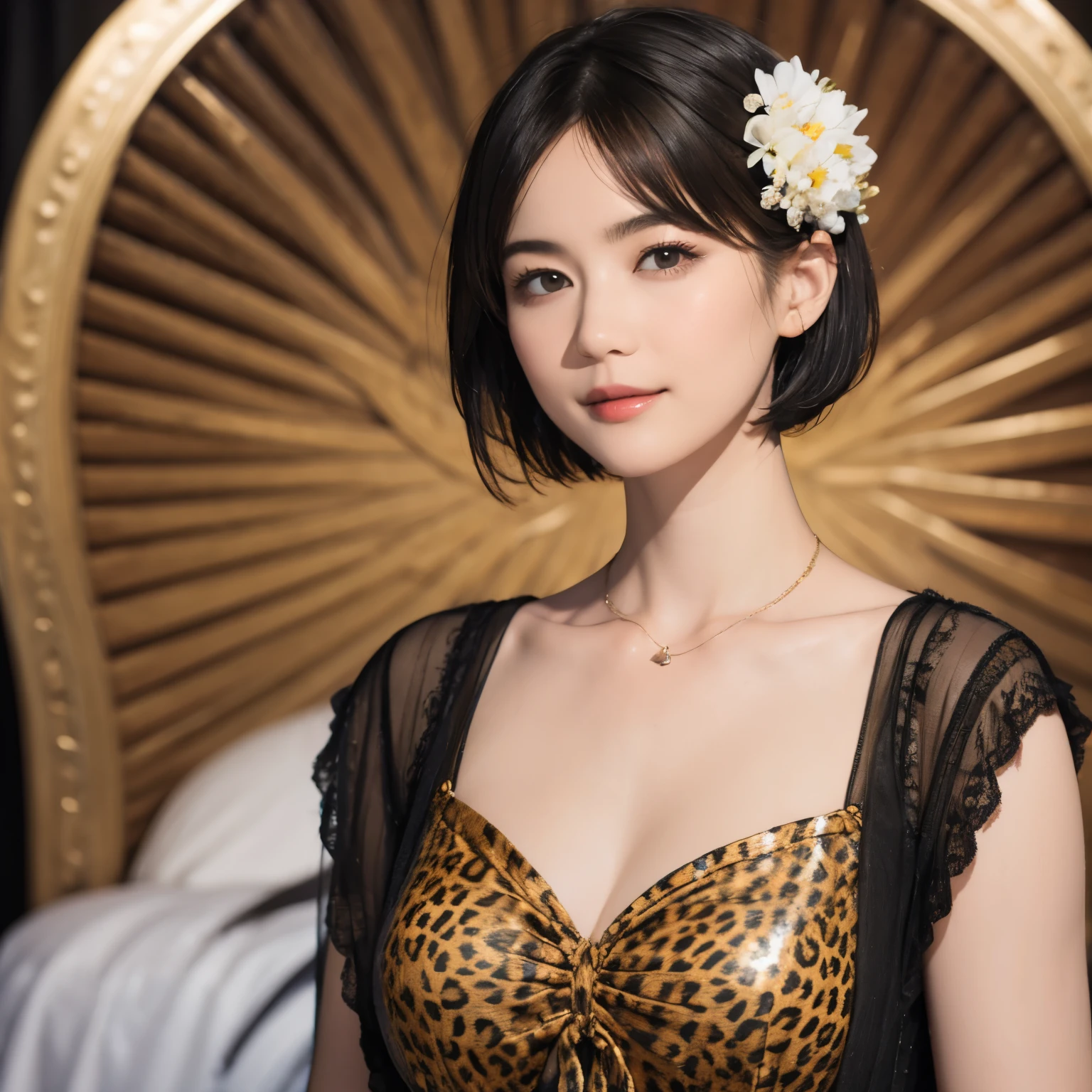 145
(20 year old woman,Animal print costume), (surreal), (High resolution), ((beautiful hairstyle 46)), ((short hair:1.46)), (gentle smile), (breasted:1.1), (lipstick)
