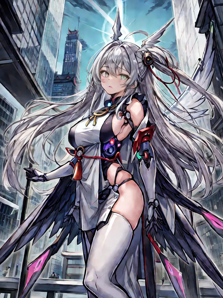 highest quality、very詳細な、masterpiece、super detailed、enlightenment、((1 girl))、silver hair、hair length、floating hair、、cyber city、Ne...