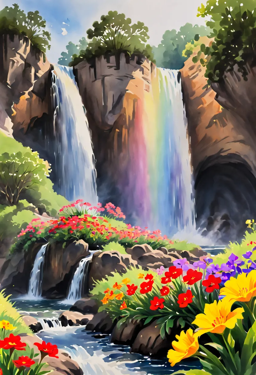 watercolor painting, by Don Bluth, flowers with rainbow, under waterfall, (best quality, masterpiece, 8k)