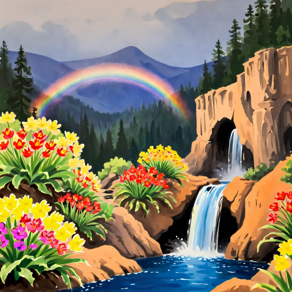 watercolor painting, by Tex Avery, flowers with rainbow, under waterfall, (best quality, masterpiece, 8k)