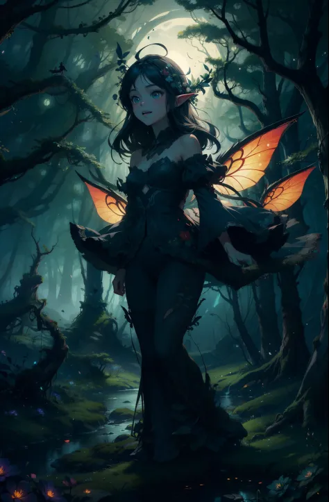 Depict a scene of several fairy girls dancing around a giant pyre in dark woods under a starry night. dynamic scene, motion blur, chaotic. (happy, laughing), glossy lips, small breasts, intimate, (gorgeous embroidery and beautiful lace), (Masterpiece, Exce...