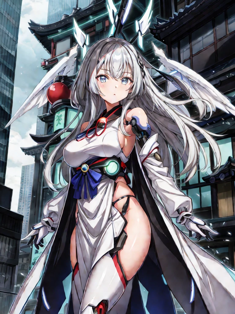 highest quality、very詳細な、masterpiece、super detailed、enlightenment、((1 girl))、silver hair、hair length、floating hair、、cyber city、Neon building、(Upper body:1.05)、very_be familiar with_eye_and_face,cybernetic wings mechanical wings、random posture、Skyscraper、、Mechumusume、shrine maiden costume,Maid clothes、random angle、anime style,cowboy shot