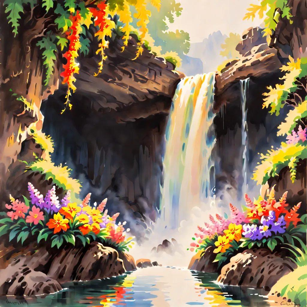 watercolor painting, by Carl Barks, flowers of rainbow color, under waterfall, (best quality, masterpiece, 8k)