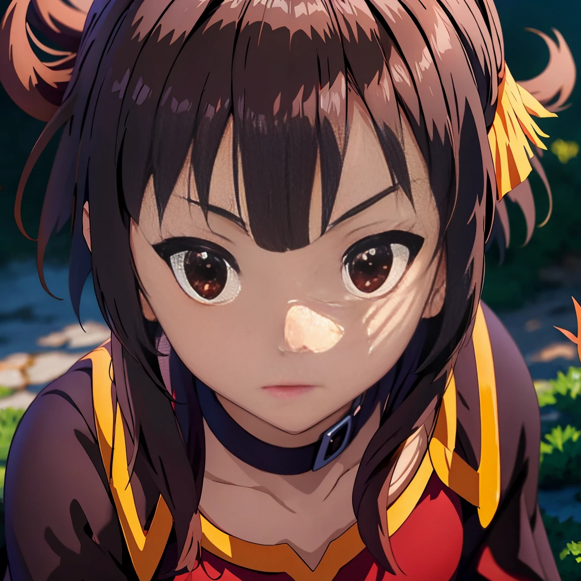 (short brown hair), beautiful hands, red eyes, Megumin from Konosuba, solo, black anime-style cape, off the shoulders, a mini skirt, tower backdrop

(best quality, 4k, highres, photorealistic), ultra-detailed, professional, vivid colors, studio lighting, Physically-Based Rendering (PBR), extreme detail description, bokeh

(illustration, anime style), portraits, landscape, concept artists

(dark, vibrant colors, warm tones), (soft lighting, dramatic shadows)

请注意，以上只是一种生成 prompt 的示例，你可以根据主题自由发挥，添加或修改细节，为图像生成提供更多的信息。