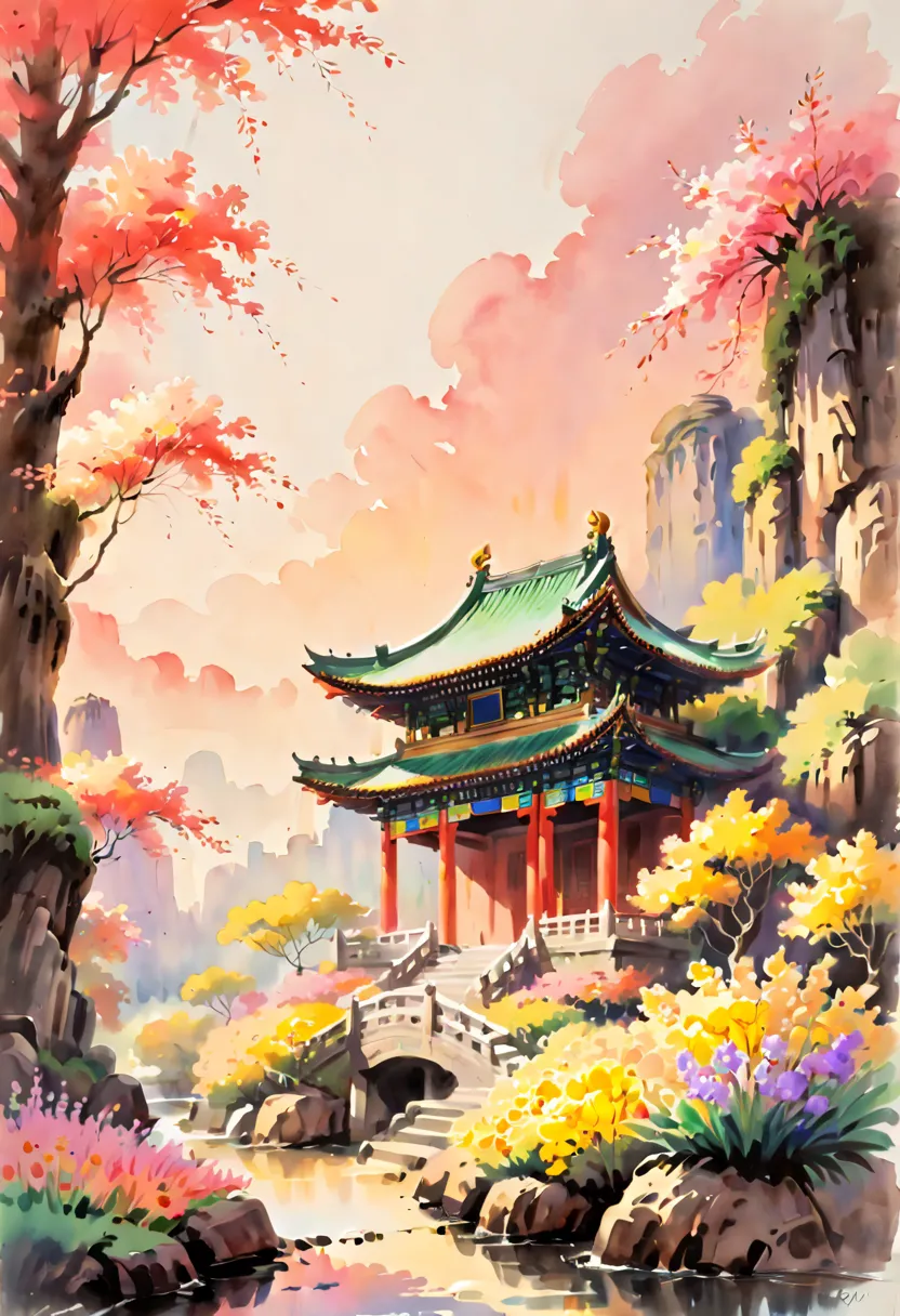 watercolor painting, by Charles M. Schulz, flowers of rainbow color, Chinese Pavilion, fantasy art, dreamy, Ethereal, (best qual...