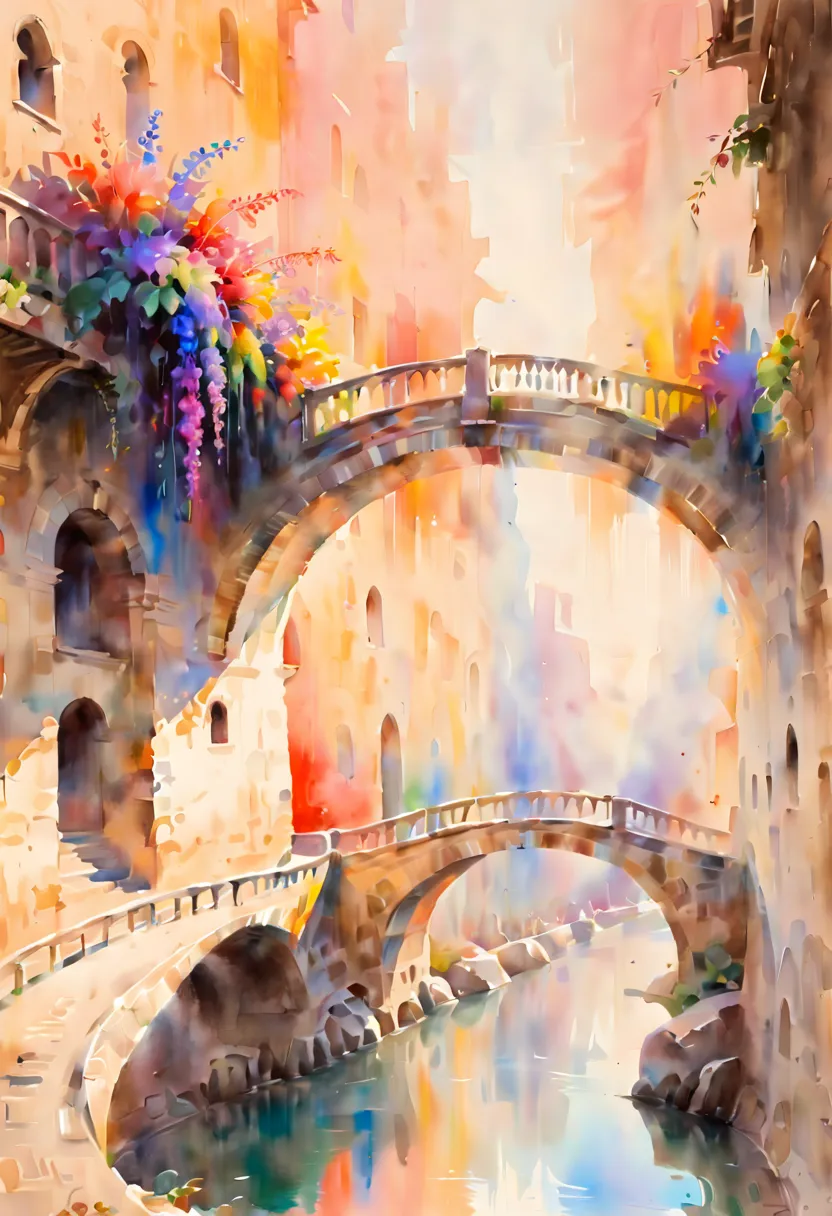 watercolor painting, flowers of rainbow color, Renaissance, bridge, fantasy art, dreamy, Ethereal, (best quality, masterpiece, 8...