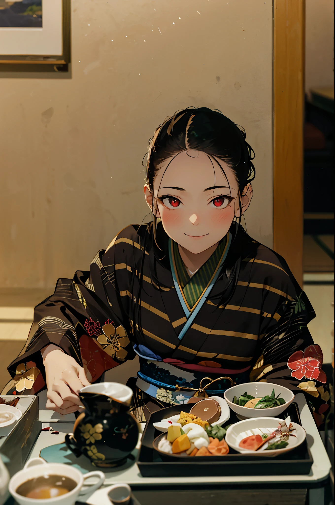 japanese girls ,sitting,2 girls, multiple girls, smile, red eyes, sitting,tie, black hair，beautiful red kimono、A beautiful bird is drawn on the kimono Blush,