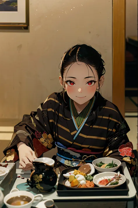 japanese girls ,sitting,2 girls, multiple girls, smile, red eyes, sitting,tie, black hair，beautiful red kimono、A beautiful bird ...