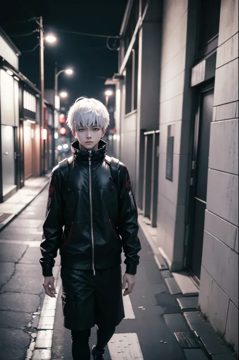 kaneki ken, con su cabello blanco, con un parche en su ojo izquierdo, caminando por la ciudad de tokio, super realistic photogra...