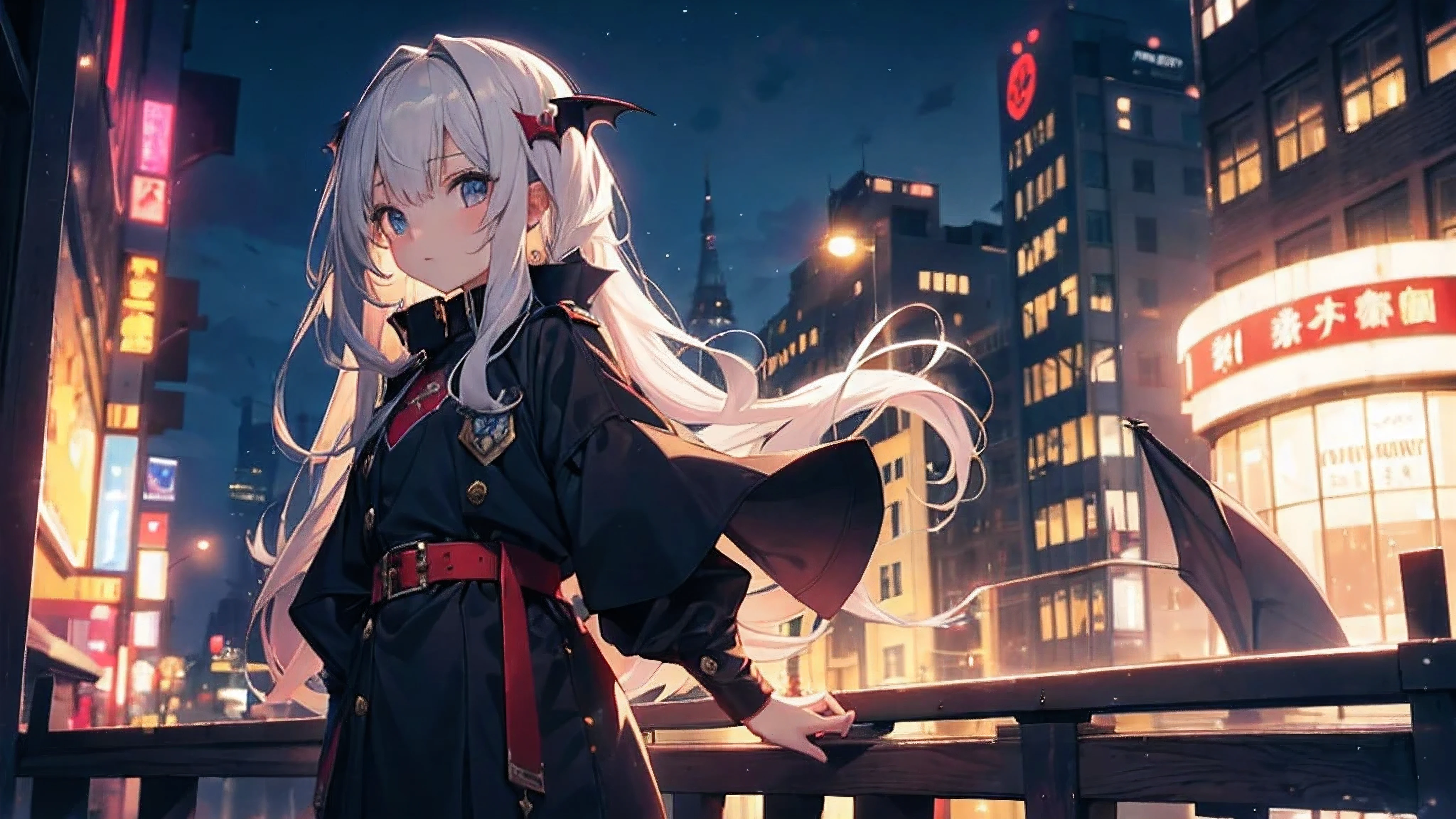 Anime girl in black outfit standing on a bridge in the city - SeaArt AI