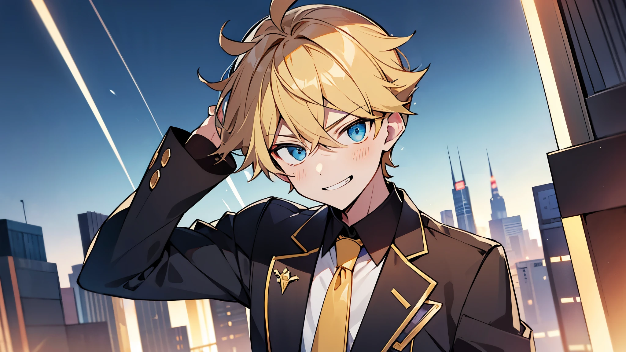 ,highres,wallpaper,solo,original,illustration,blue eyes,yellow hair,masterpiece,male,male focus,school uniform:1.2,boy, ((masterpiece)),(((best quality))), (high-quality, breathtaking), (expressive eyes, perfect face), 1boy, solo, male, short,, on top of building, night sky, dark, buildings, phantom thief,shorts, smirk,black shirt:1.2