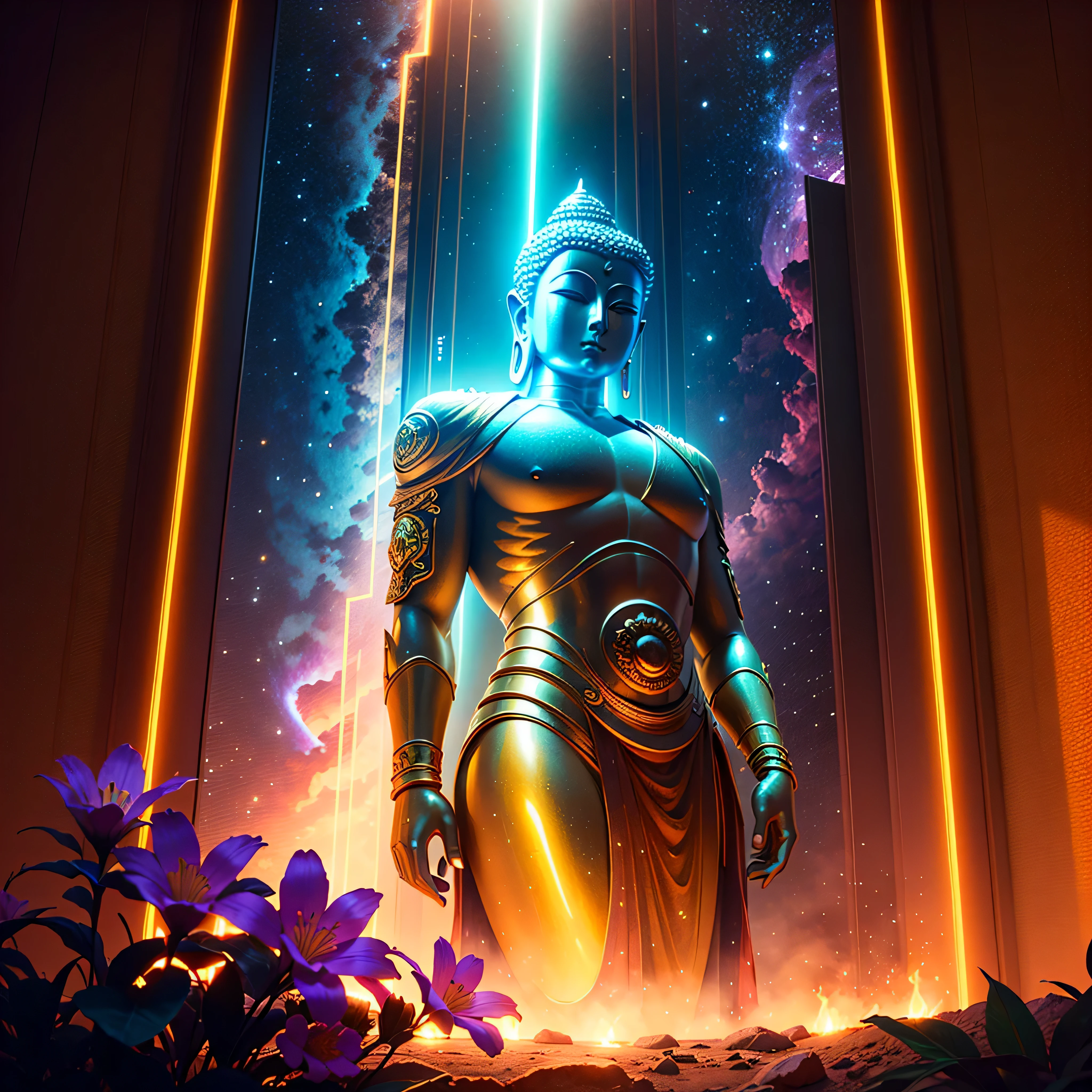 Will-o'-the-wisp dazzling Symmetrical Duddha_Interstellar (Galaxy stars Nebula Spacious Sunrise evening_glow distant_view Sunset rich_colors colorful wide-angle_lens shooting_evening positive_film naturalistic_style)，A highly detailed, futuristic scene with a vibrant color palette and neon lights. The focal point of the scene a magnificent Golden Buddha statue, radiating a sense of peace and tranquility. The statue made of pure gold and shines brightly, reflecting the neon lights around it. The surrounding environment filled with futuristic elements, such as sleek buildings, flying cars, and holographic advertisements. The colors in the scene are intense and vibrant, incorporating shades of blues, purples, pinks, and greens. The neon lights illuminate the surroundings, casting a surreal and vibrant glow. The overall atmosphere both awe-inspiring and serene, blending the traditional beauty of the Golden Buddha with the cutting-edge aesthetics of the future. Everything in the scene highly detailed and realistic, with every intricate feature of the Buddha statue captured flawlessly. The lighting carefully designed to highlight the beauty of the statue and create a mesmerizing ambiance.optimal bright_color dappled_sunLight meticulously intricate ultra_high-details ultra_high-res hyper pro-Photo-realistic ultra_high-quality ultra_high-def UHD XT3 DSLR HDR extreme improved Octane-rendered opengl-shaders glsl-shader romm rgb pbr shading 3DCG fxaa global illumination cgi vfx sfx fkaa txaa rtx ssao post-processing post-production cell-shading tone-mapping Ultra_sharpness focus accurate max saturate reflex analogique Vivid DSLR color-coded luminescence volumetric Cinematic_Sunrise lightning contrast incandescent Cristallines floraison zentangle fleuraison varied multi etc. --s 1000 --c 20 --q 20 --chaos 100