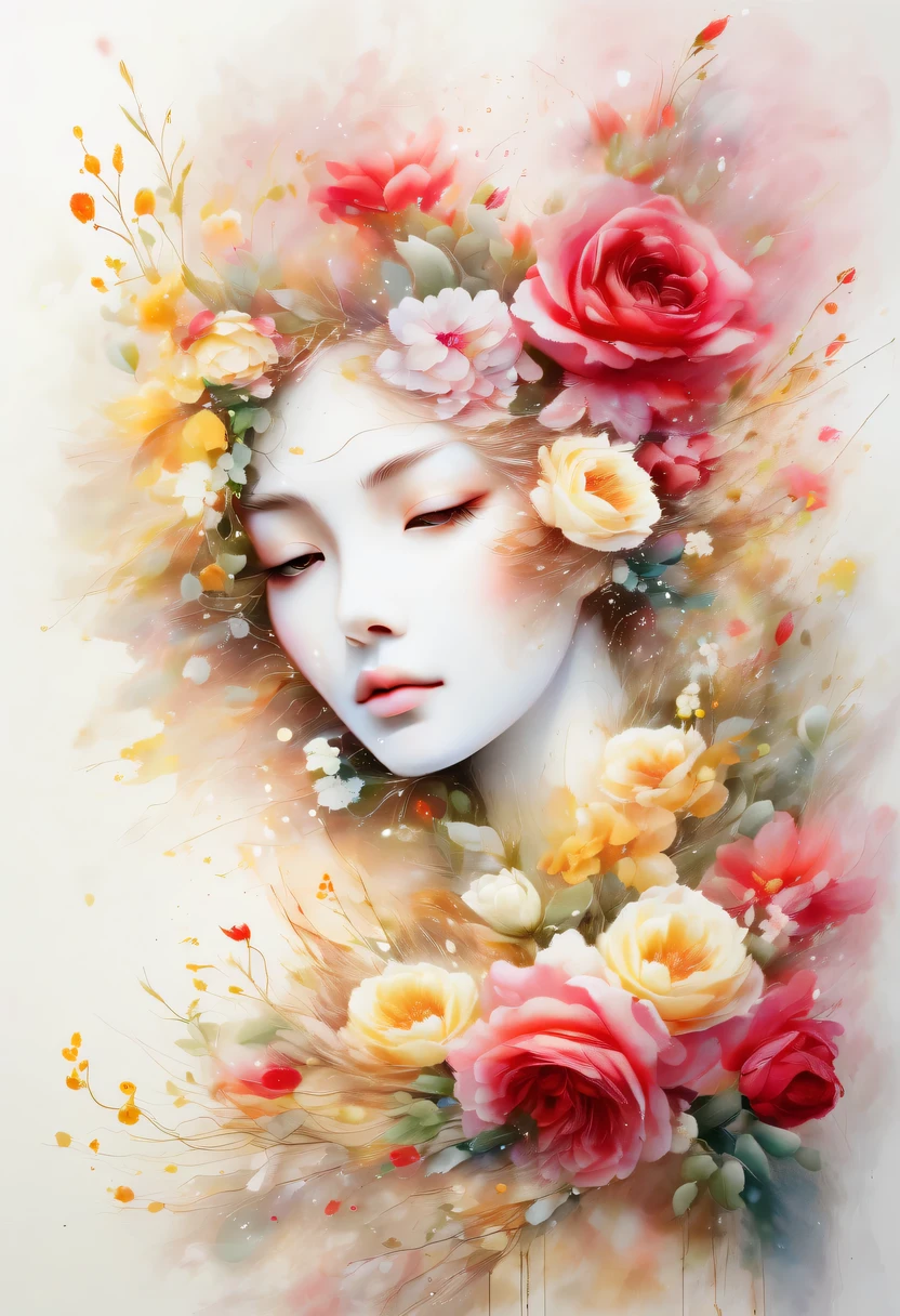 Esta pintura de flores en acuarela presenta un efecto visual elegante y fresco.。Flores silvestres y rosas en el campo.，Formando la combinación perfecta de naturaleza y romance.。La pantalla está dominada por un fondo blanco.，Resalte la flor de acuarela aislada。La tecnología Splash recrea las condiciones húmedas，La atmósfera parece vaga y soñadora.。La composición única y la expresión abstracta añaden un toque artístico a la imagen.，Contiene elementos del surrealismo.。El tono de color general es principalmente tonos claros.，El rojo y el dorado se complementan，Mostrar detalles en alta resolución。El efecto de salpicadura de tinta añade un toque de agilidad a la imagen.，El color claro confiere a las flores una belleza profunda y sobria..