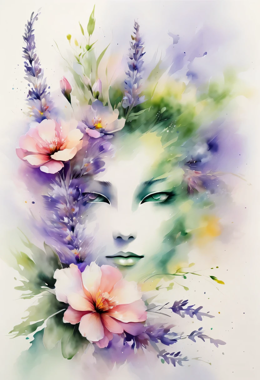 Dieses Aquarellblumengemälde bietet einen eleganten und frischen visuellen Effekt。Wildblumen- und Lavendelfelder，Die perfekte Kombination aus Natur und Romantik。Der Bildschirm wird von einem weißen Hintergrund dominiert，Markieren Sie isolierte Aquarellblume。Die Splash-Technologie stellt nasse Bedingungen nach，Die Atmosphäre wirkt vage und verträumt。Einzigartige Komposition und abstrakter Ausdruck verleihen dem Bild eine künstlerische Note，Enthält Elemente des Surrealismus。Der Gesamtfarbton besteht hauptsächlich aus hellen Tönen，Flieder und Grün ergänzen sich wunderbar，Hochauflösende Details anzeigen。Der Spritztinteneffekt verleiht dem Bild einen Hauch von Beweglichkeit，Die helle Farbe verleiht den Blumen eine tiefe und zurückhaltende Schönheit.。