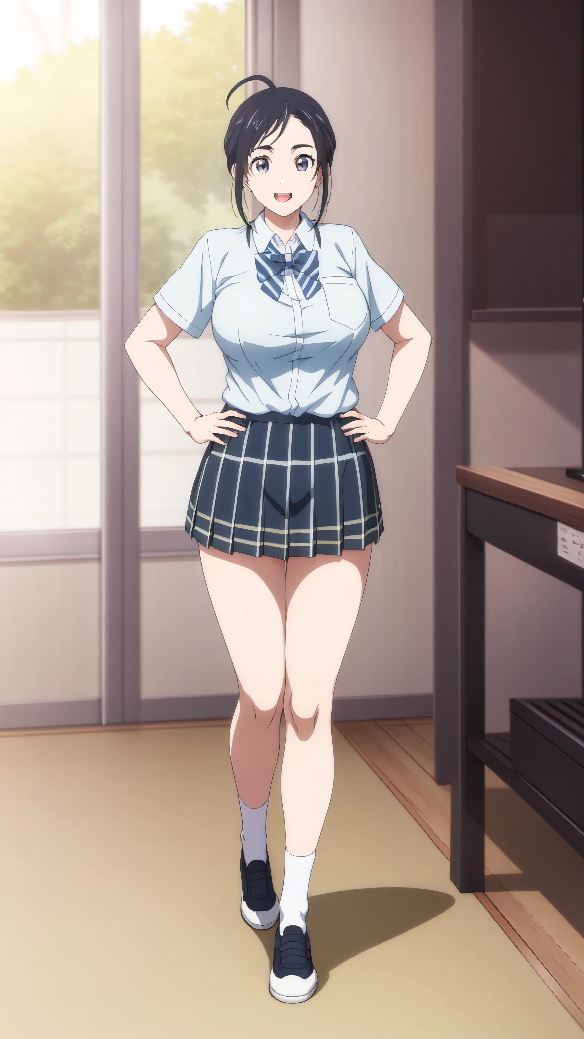 Anime girl in school uniform standing in a room with a window - SeaArt AI