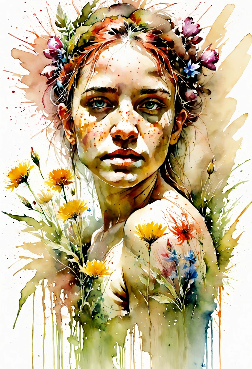 watercolor painting, flowers, outdoors, by Carne Griffiths, best quality, masterpiece, 8k