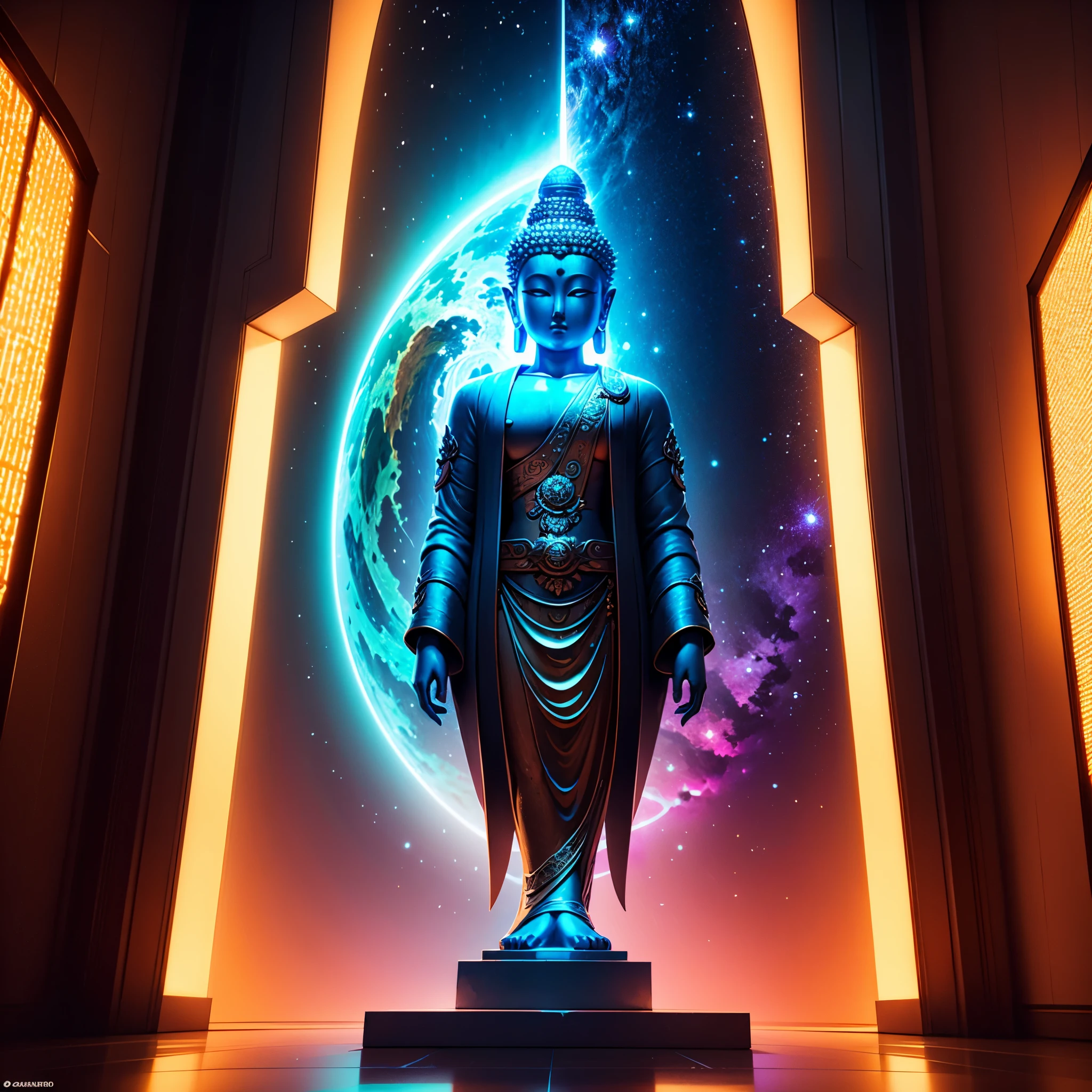 Will-o'-the-wisp dazzling Symmetrical Duddha_Interstellar (Galaxy stars Nebula Spacious Sunrise evening_glow distant_view Sunset rich_colors colorful wide-angle_lens shooting_evening positive_film naturalistic_style)，A highly detailed, futuristic scene with a vibrant color palette and neon lights. The focal point of the scene a magnificent Golden Buddha statue, radiating a sense of peace and tranquility. The statue made of pure gold and shines brightly, reflecting the neon lights around it. The surrounding environment filled with futuristic elements, such as sleek buildings, flying cars, and holographic advertisements. The colors in the scene are intense and vibrant, incorporating shades of blues, purples, pinks, and greens. The neon lights illuminate the surroundings, casting a surreal and vibrant glow. The overall atmosphere both awe-inspiring and serene, blending the traditional beauty of the Golden Buddha with the cutting-edge aesthetics of the future. Everything in the scene highly detailed and realistic, with every intricate feature of the Buddha statue captured flawlessly. The lighting carefully designed to highlight the beauty of the statue and create a mesmerizing ambiance.optimal bright_color dappled_sunLight meticulously intricate ultra_high-details ultra_high-res hyper pro-Photo-realistic ultra_high-quality ultra_high-def UHD XT3 DSLR HDR extreme improved Octane-rendered opengl-shaders glsl-shader romm rgb pbr shading 3DCG fxaa global illumination cgi vfx sfx fkaa txaa rtx ssao post-processing post-production cell-shading tone-mapping Ultra_sharpness focus accurate max saturate reflex analogique Vivid DSLR color-coded luminescence volumetric Cinematic_Sunrise lightning contrast incandescent Cristallines floraison zentangle fleuraison varied multi etc. --s 1000 --c 20 --q 20 --chaos 100