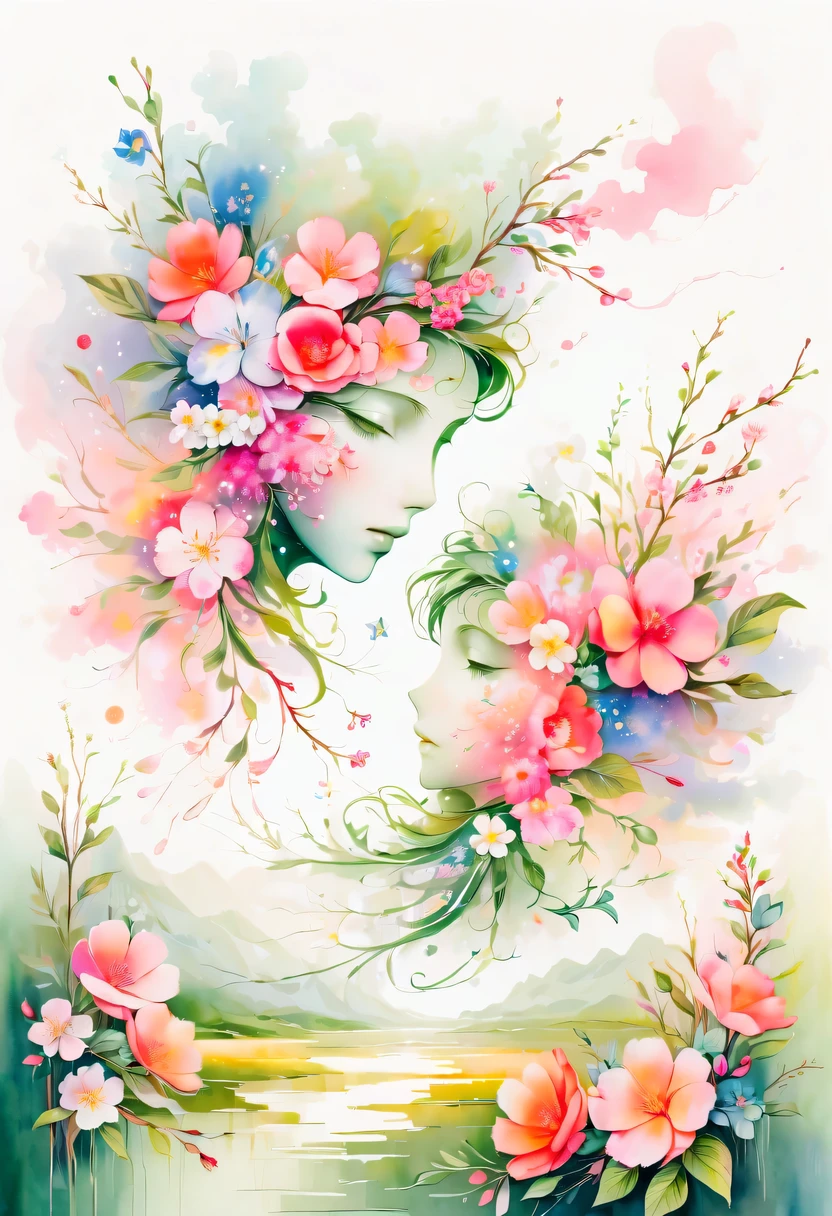 This watercolor flower painting presents an elegant and fresh visual effect。Wild flowers and peach blossoms intertwined in the fields，Forming the perfect combination of nature and romance。The screen is dominated by a white background，Highlight isolated watercolor flower。Splash technology recreates wet conditions，The atmosphere seems vague and dreamy。Unique composition and abstract expression add to the artistic feel of the picture，Contains elements of surrealism。The overall color tone is mainly light tones，Pale pink and green complement each other，Show high-resolution details。The splash-ink effect adds a touch of agility to the picture，The light color gives the flowers a deep and restrained beauty.。