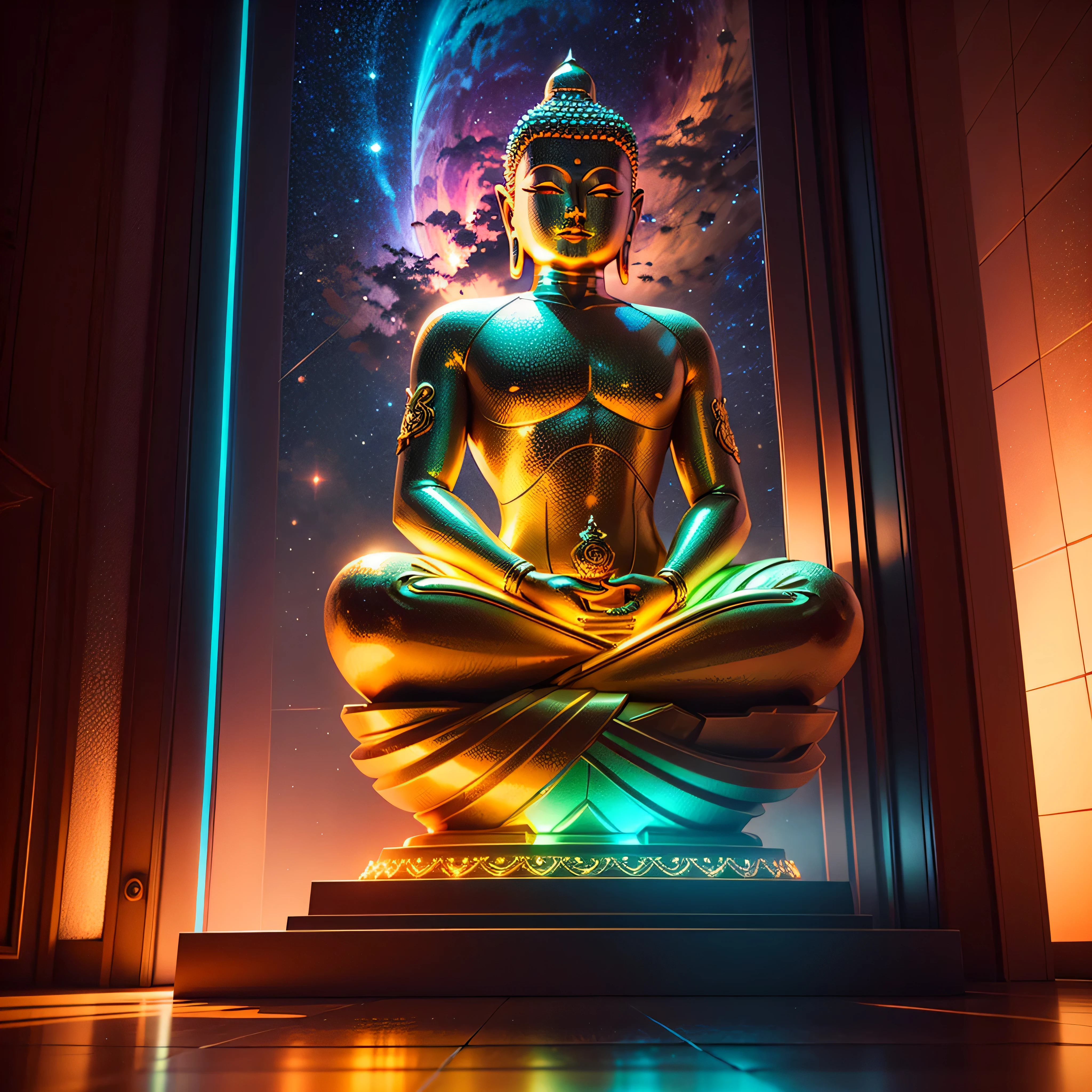 Will-o'-the-wisp dazzling Symmetrical Duddha_Interstellar (Galaxy stars Nebula Spacious Sunrise evening_glow distant_view Sunset rich_colors colorful wide-angle_lens shooting_evening positive_film naturalistic_style)，A highly detailed, futuristic scene with a vibrant color palette and neon lights. The focal point of the scene a magnificent Golden Buddha statue, radiating a sense of peace and tranquility. The statue made of pure gold and shines brightly, reflecting the neon lights around it. The surrounding environment filled with futuristic elements, such as sleek buildings, flying cars, and holographic advertisements. The colors in the scene are intense and vibrant, incorporating shades of blues, purples, pinks, and greens. The neon lights illuminate the surroundings, casting a surreal and vibrant glow. The overall atmosphere both awe-inspiring and serene, blending the traditional beauty of the Golden Buddha with the cutting-edge aesthetics of the future. Everything in the scene highly detailed and realistic, with every intricate feature of the Buddha statue captured flawlessly. The lighting carefully designed to highlight the beauty of the statue and create a mesmerizing ambiance.optimal bright_color dappled_sunLight meticulously intricate ultra_high-details ultra_high-res hyper pro-Photo-realistic ultra_high-quality ultra_high-def UHD XT3 DSLR HDR extreme improved Octane-rendered opengl-shaders glsl-shader romm rgb pbr shading 3DCG fxaa global illumination cgi vfx sfx fkaa txaa rtx ssao post-processing post-production cell-shading tone-mapping Ultra_sharpness focus accurate max saturate reflex analogique Vivid DSLR color-coded luminescence volumetric Cinematic_Sunrise lightning contrast incandescent Cristallines floraison zentangle fleuraison varied multi etc. --s 1000 --c 20 --q 20 --chaos 100