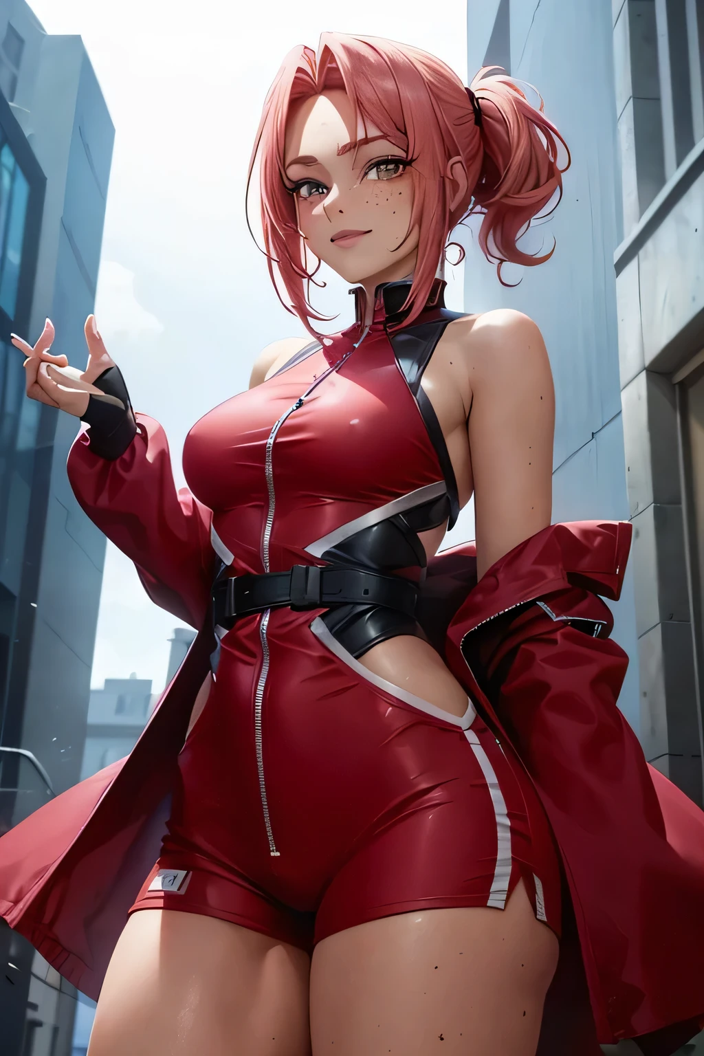 Low Girl, short pink hair, amber eyes, hair in a low ponytail, wild hair, Sloppy hairstyle, freckles, snub nose, Broad smile, GLAD, shoulder length hair, red costume, shorts, фуфайка, European appearance, Beautiful hands, Against the backdrop of space, masterpiece, High quality