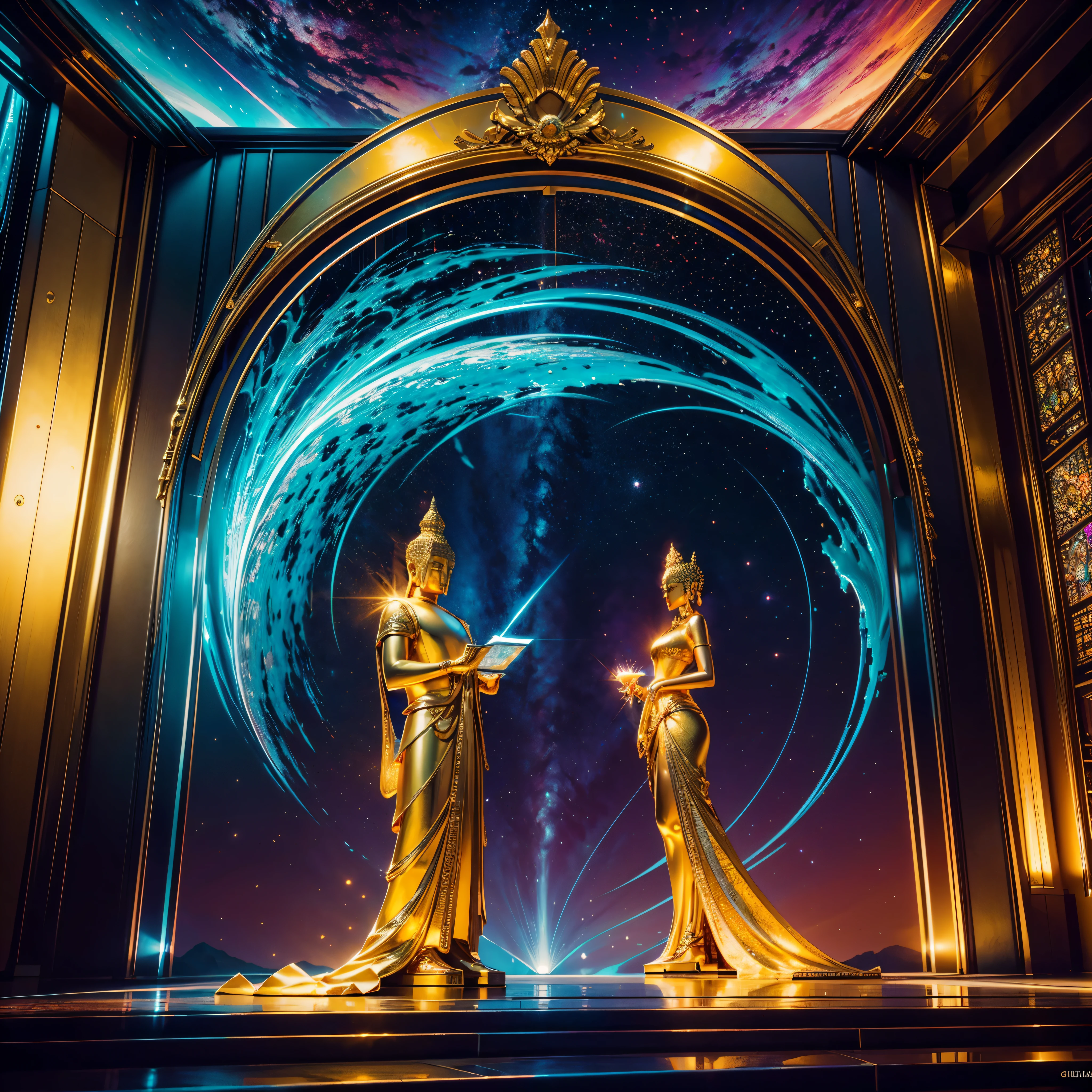 Will-o'-the-wisp dazzling Symmetrical Duddha_Interstellar (Galaxy stars Nebula Spacious Sunrise evening_glow distant_view Sunset rich_colors colorful wide-angle_lens shooting_evening positive_film naturalistic_style)，A highly detailed, futuristic scene with a vibrant color palette and neon lights. The focal point of the scene a magnificent Golden Buddha statue, radiating a sense of peace and tranquility. The statue made of pure gold and shines brightly, reflecting the neon lights around it. The surrounding environment filled with futuristic elements, such as sleek buildings, flying cars, and holographic advertisements. The colors in the scene are intense and vibrant, incorporating shades of blues, purples, pinks, and greens. The neon lights illuminate the surroundings, casting a surreal and vibrant glow. The overall atmosphere both awe-inspiring and serene, blending the traditional beauty of the Golden Buddha with the cutting-edge aesthetics of the future. Everything in the scene highly detailed and realistic, with every intricate feature of the Buddha statue captured flawlessly. The lighting carefully designed to highlight the beauty of the statue and create a mesmerizing ambiance.optimal bright_color dappled_sunLight meticulously intricate ultra_high-details ultra_high-res hyper pro-Photo-realistic ultra_high-quality ultra_high-def UHD XT3 DSLR HDR extreme improved Octane-rendered opengl-shaders glsl-shader romm rgb pbr shading 3DCG fxaa global illumination cgi vfx sfx fkaa txaa rtx ssao post-processing post-production cell-shading tone-mapping Ultra_sharpness focus accurate max saturate reflex analogique Vivid DSLR color-coded luminescence volumetric Cinematic_Sunrise lightning contrast incandescent Cristallines floraison zentangle fleuraison varied multi etc. --s 1000 --c 20 --q 20 --chaos 100