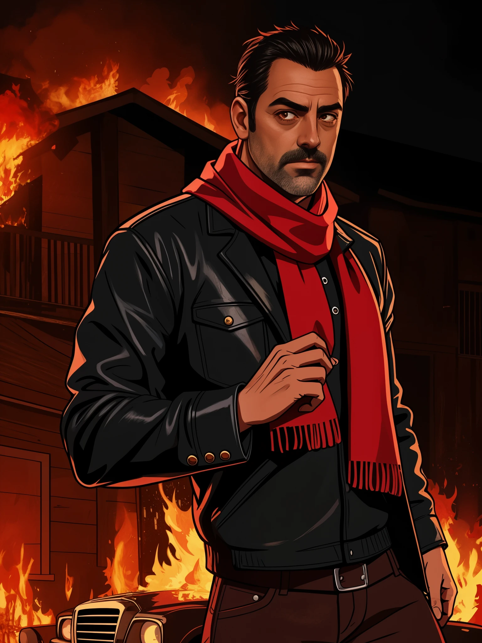 Um retrato Fotografia de corpo inteiro de Negan from the Walking Dead, atractivo de mediana edad, Jeffrey Dean Morgan, muscular, Chaqueta negra, Pañuelo rojo en el cuello., pantalones de cuero negro], épico realista, Foto, desteñido, colores neutros, hdr, colores apagados, escena intrincada, estación de arte, detalles intrincados, viñeta, detallado, detallado face, Intrincado, brillantes colores, coche en llamas en el fondo. 