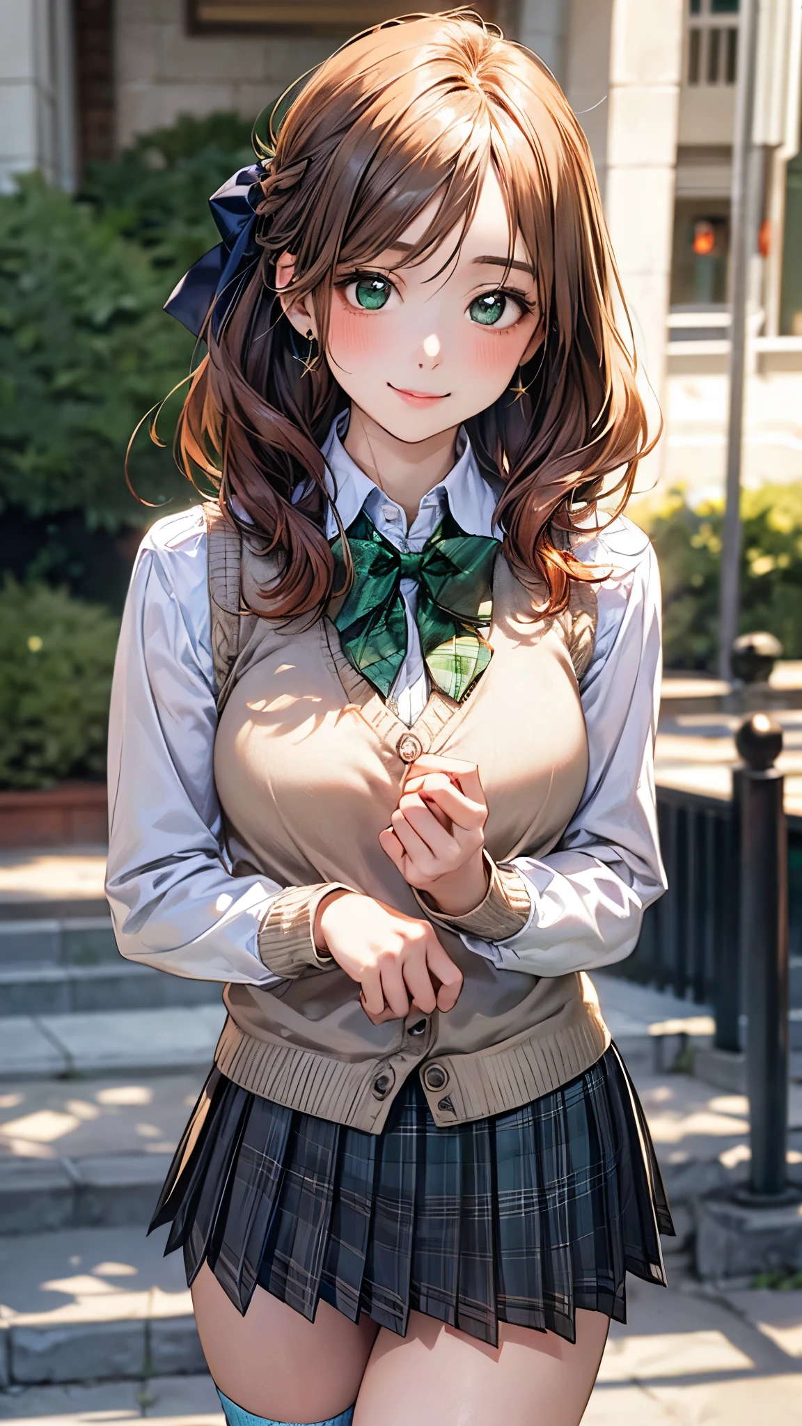 (masterpiece:1.2, top-quality), (realistic, photorealistic:1.4), beautiful illustration, (natural side lighting, movie lighting), 
looking at viewer, cowboy shot, front view:0.6, 1 girl, japanese, high school girl, perfect face, cute and symmetrical face, shiny skin, 
(middle hair:1.5, half updo:1.4, sidelocks, orange hair), parted bangs, emerald green eyes, long eye lasher, (large breasts:0.9, thick thighs), 
beautiful hair, beautiful face, beautiful detailed eyes, beautiful clavicle, beautiful body, beautiful chest, beautiful thigh, beautiful legs, beautiful fingers, 
((light blue long sleeve collared shirts, blue plaid pleated mini skirt, socks, brown loafers, emerald green bow tie, beige sleeveless knitted vest)), pink panties, 
(beautiful scenery), evening, riverside, walking, hands on chest, (lovely smile, upper eyes), 