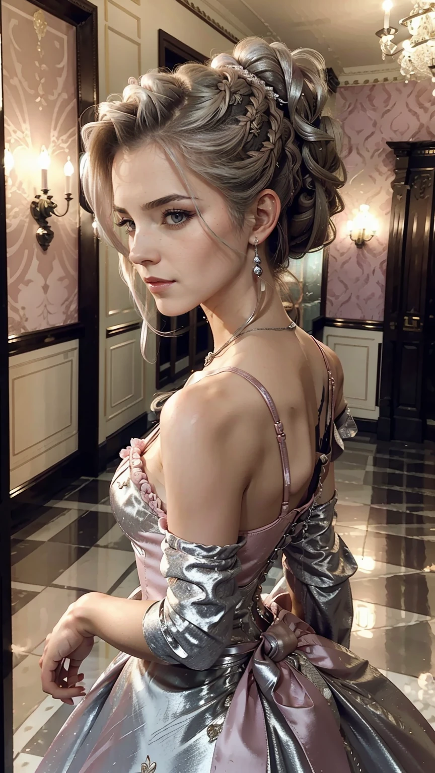 woman, Severe, elegant, pink dress, aristocratic, silver elements, long nails, bare shoulders, hairstyle, hair up, braids and ponytail, Messy, arrogant, absurd, fine dress, royalty, celebration, hall decorated with flowers, cowboy shot, portrait, (highest quality), (masterpiece), (very detailed), (4K)