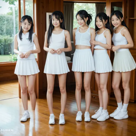 ((Full body photo)),full shot,Three very young fair-skinned slender Japanese beautiful girls,showing white tennis knickers,white see-through dress and white scanty,very short white pleated miniskirt,white tennis knickers,high heels,embarrassed look,mouth o...