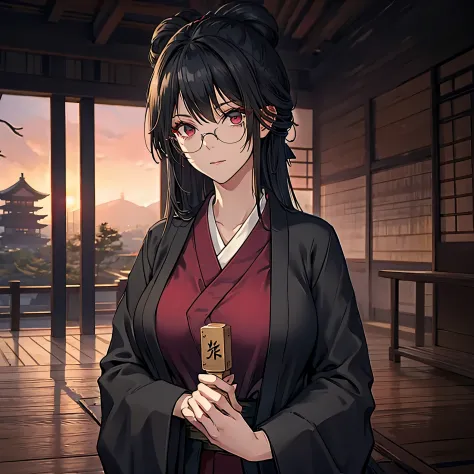 a woman wearing a black kimono with red details, red eyes, big breasts, in a japanese castle.