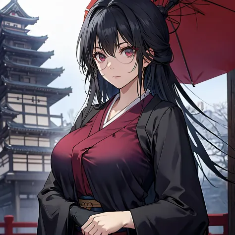 a woman wearing a black kimono with red details, red eyes, big breasts, in a Japanese castle.
